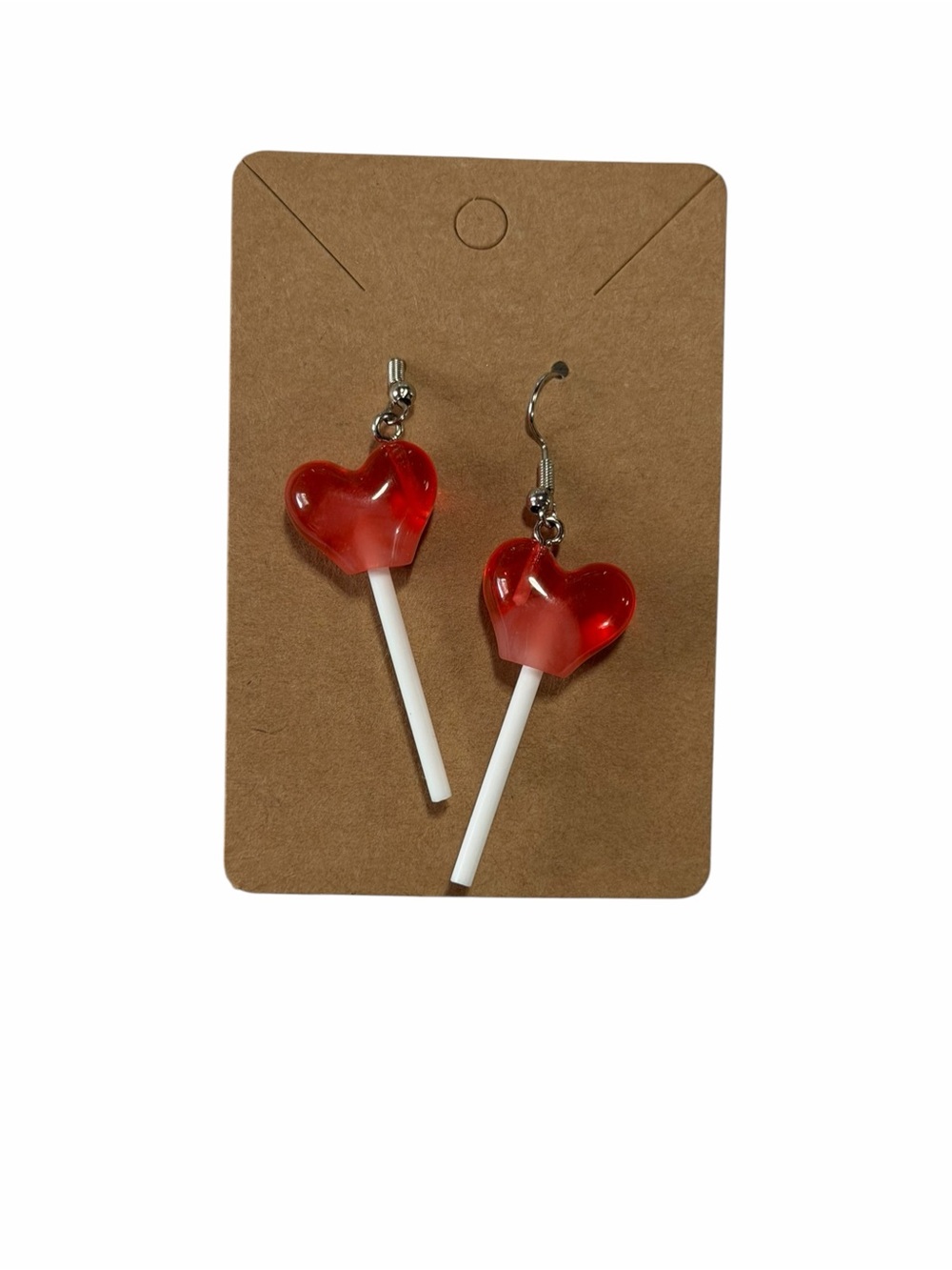 Red Heart Lollipop Dangle Earrings - Playful Resin Drop